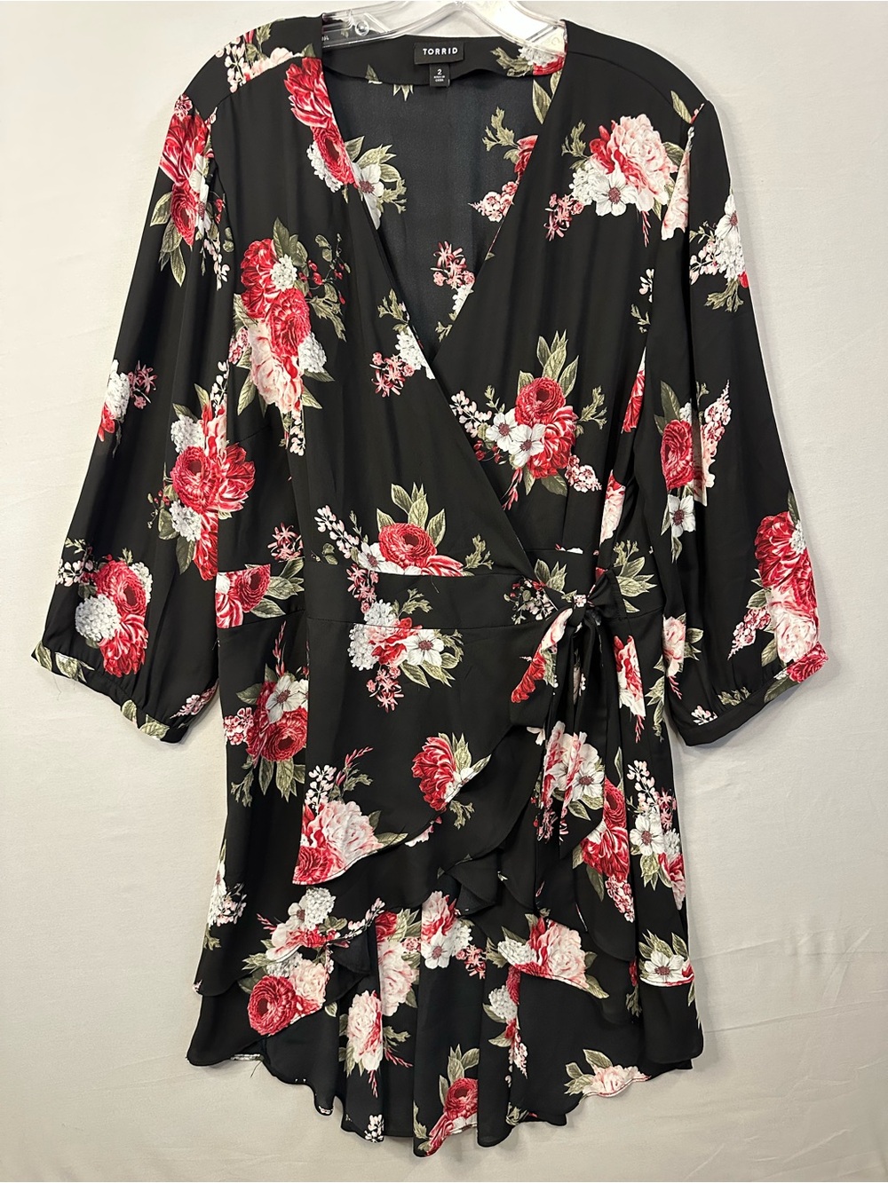 torrid 2 Black Floral Wrap Blouse with Red & White Blooms